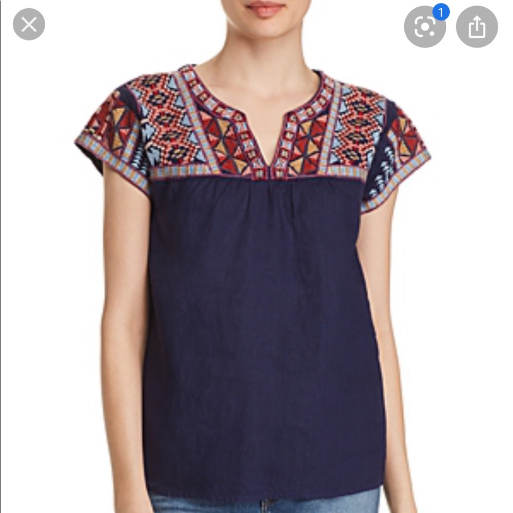 Johnny Was Ezra embroidered yoke navy linen top